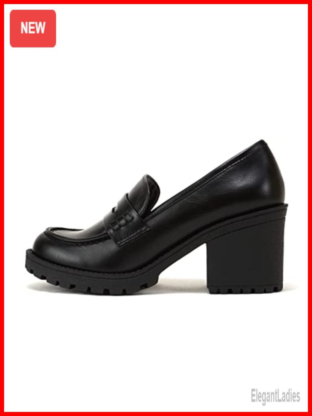 Chunky Mid Heel Lug Sole Penny Loafer Slip On Faux Leather Cushioned